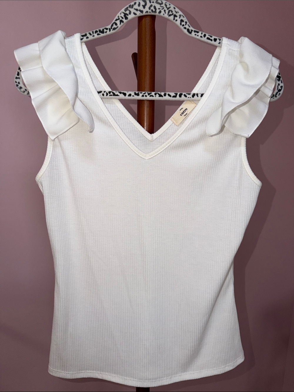 entro White V-Neck Ruffle Shoulder Tank Top